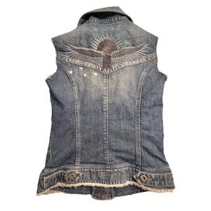 GUESS Denim Vest Sleeveless Jean Jacket Embroidered Eagle Back Los Angeles SMALL